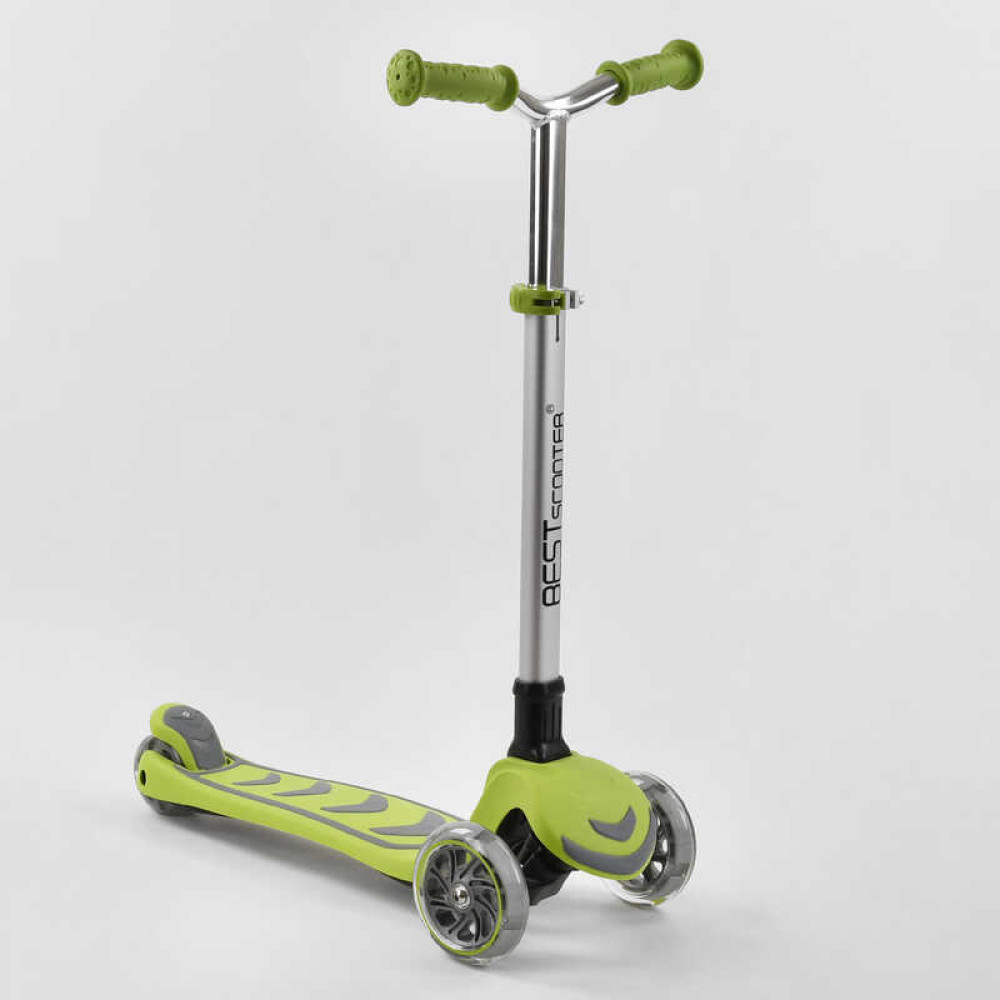 Самокат трехколесный Y-00436 (4) Best Scooter, САЛАТОВЫЙ, складной алюминиевый руль, 4 колеса PU со светом, d=12 см